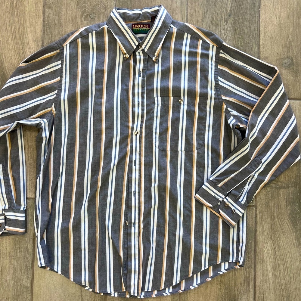 Oakton Shirt Men's Size L Gray Yellow White Striped Button Up Cotton Vintage